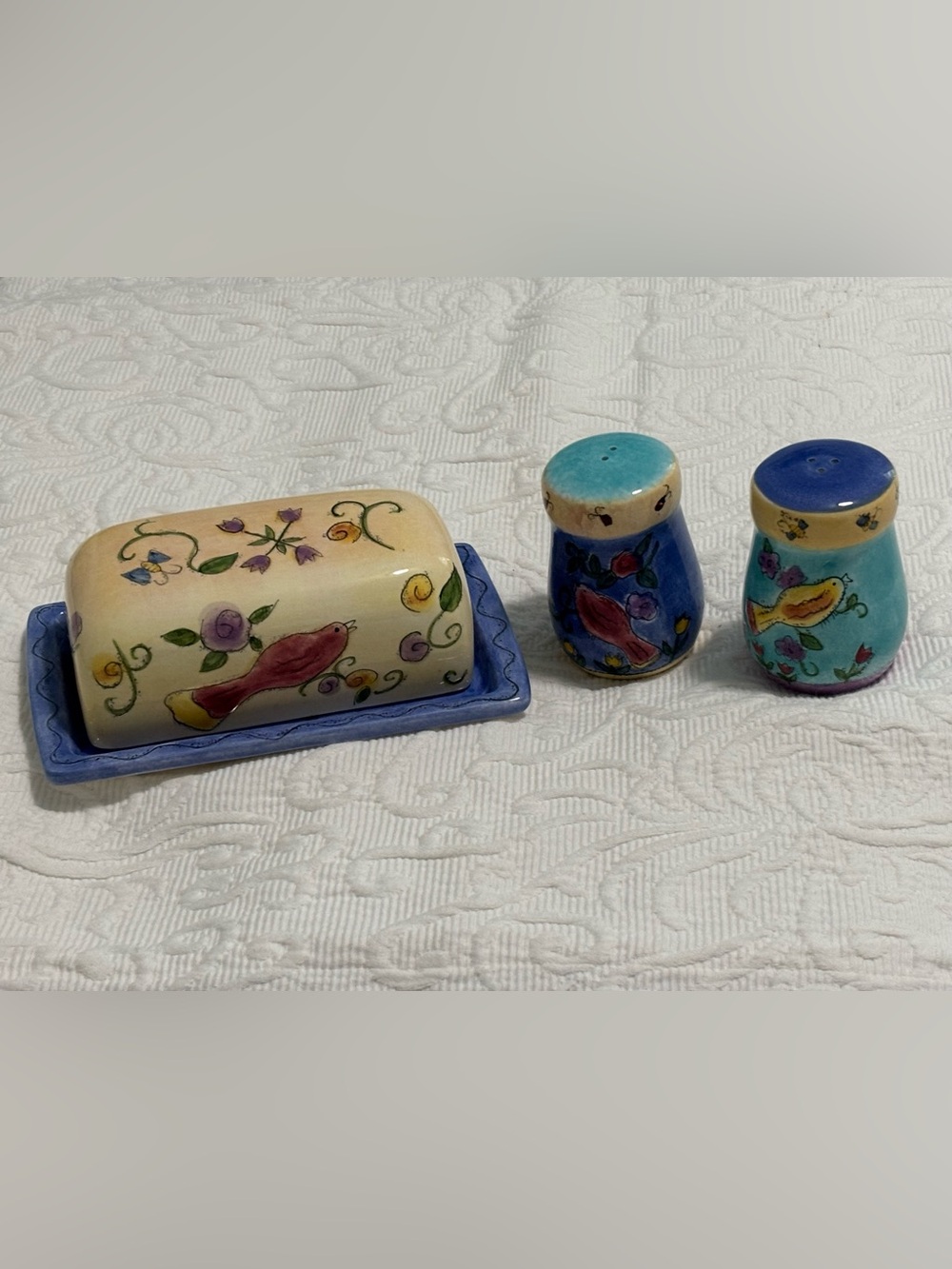 Covered Butter Dish & Salt & Pepper Shakers - “Birds and the Bees” By Sango